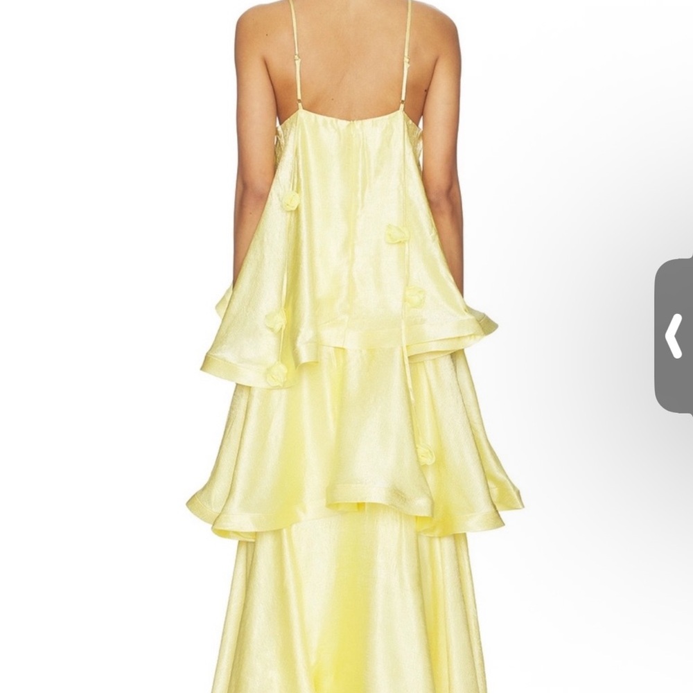 Elliatt Pale Yellow Satin Ruffle Slip Dress with Floral Strap Details - Picture 3 of 6